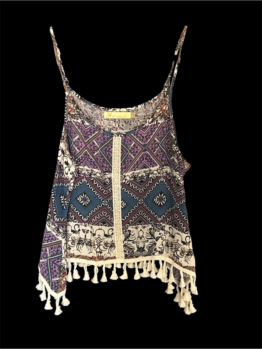 Boho Tassel Trim Spaghetti Strap Tank Top - Purple & Blue